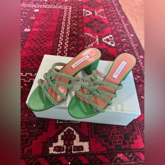 NEW NIB Aquazzura Moondust Crystal Embellished Leather Flat Sandals - Picture 4 of 7